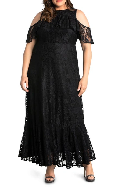Kiyonna Riviera Lace Evening Gown In Black Noir