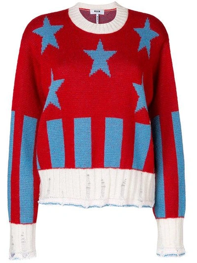 Msgm Star Ribbed Knit Pullover In Red-blue