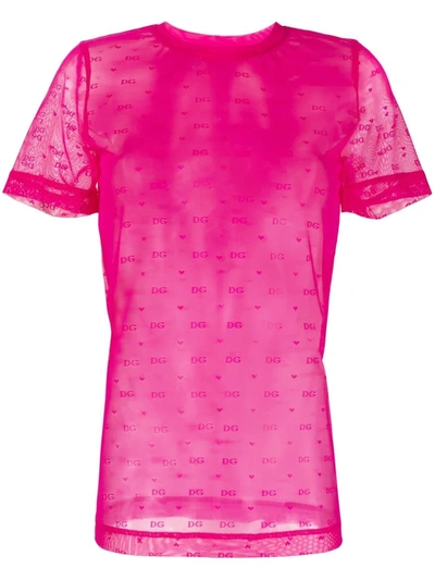 Dolce & Gabbana Tulle Jacquard Logo T-shirt In Pink & Purple