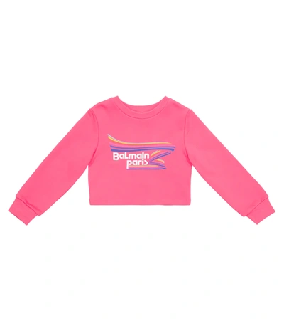Balmain Kids' Logo Cropped Cotton Sweatshirt In 粉红色