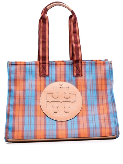 Tory Burch Logo-patch Checked Tote Bag In Blau