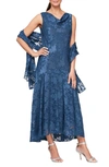 Alex Evenings Floral Burnout Fil Coupé Dress With Shawl In Wedgewood