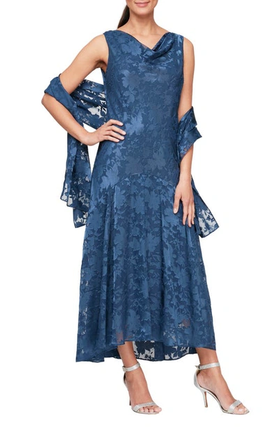 Alex Evenings Floral Burnout Fil Coupé Dress With Shawl In Wedgewood