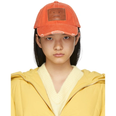 Acne Studios Face Patch Distress Detail Cotton Cap In Orange