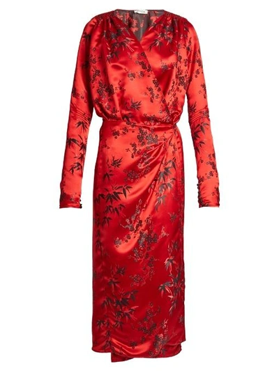Attico Victoria Oriental Satin-jacquard Midi Dress In Black Red