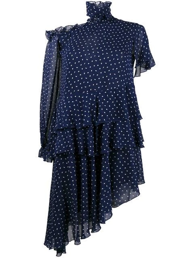 Sandy Liang Midol Asymmetric Cutout Printed Silk-georgette Dress In Blue