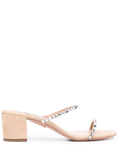 Aquazzura Midnight 50 Crystal-embellished Suede Mules In Nude