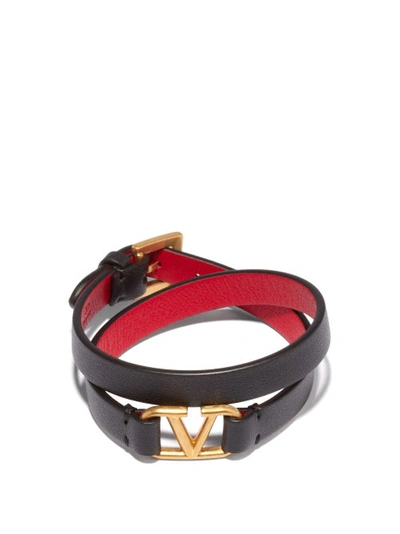 Valentino Garavani V-logo Double-wrap Leather Bracelet In Black Red