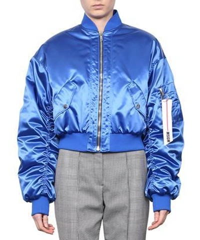 Msgm Ruched Sleeve Cropped Satin Bomber Jacket In Blu