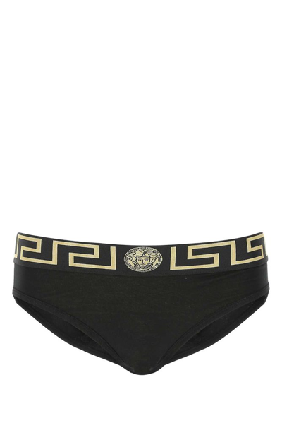 Versace Greca-jacquard Cotton-blend Briefs In Black