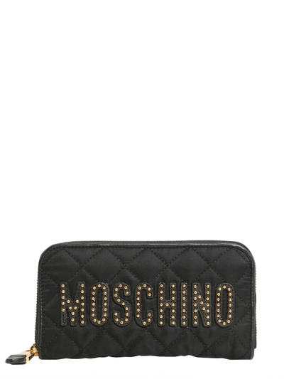 Moschino Zip Around Wallet With Studded Logo In Nero