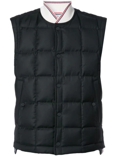 Thom Browne Downfilled Button Front Vest In Black Super 130's Wool Twill