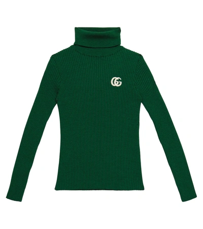 Gucci Kids' High Neck Sweater In Green Wool With Logo