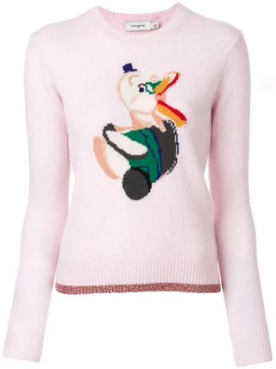 Coach Duck Intarsia Cashmere Knit Sweater In Pink