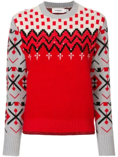 Coach Embroidered Wool Jacquard Sweater In Red/grey