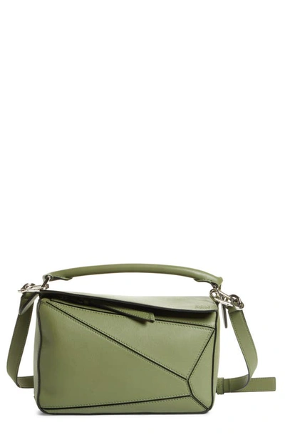 Loewe Green Puzzle Mini Snake Effect Leather Shoulder Bag In Avocado Green