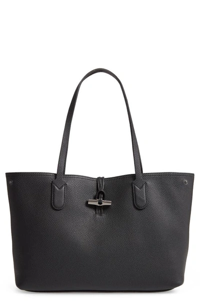 Longchamp Roseau Essential Mid Leather Tote In Black
