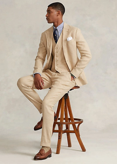 Ralph Lauren Stretch Herringbone Suit Trouser In Tan/cream