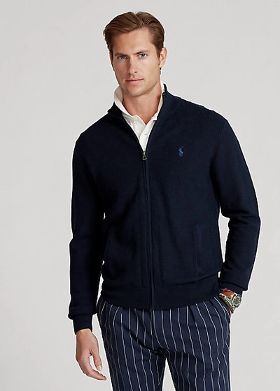 Ralph Lauren Mesh-knit Cotton Full-zip Sweater In Navy Heather