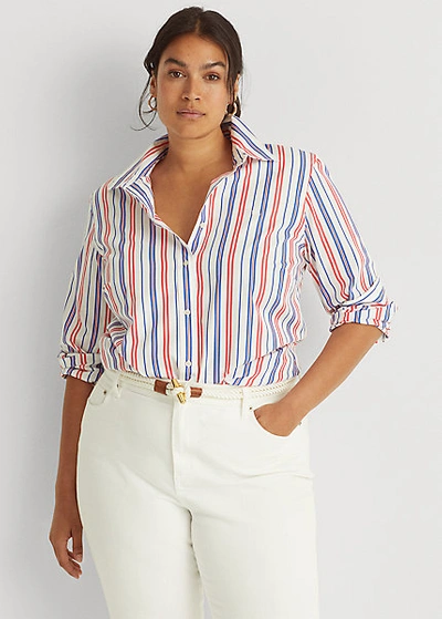 Lauren Woman Striped Cotton Broadcloth Shirt In Red/blue/white Multi