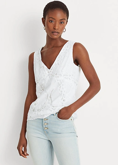 Lauren Ralph Lauren Battenberg Lace Cotton Voile Top In White