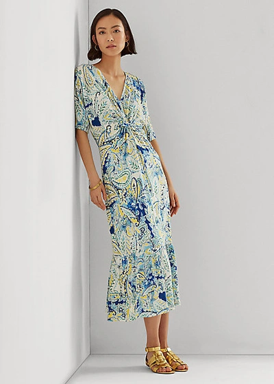 Lauren Petite Paisley Linen-blend Jersey Dress In Blue Multi