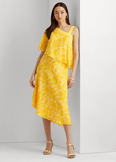 Lauren Ralph Lauren Print Georgette One-shoulder Dress In Lemon Rind/colonial Cream