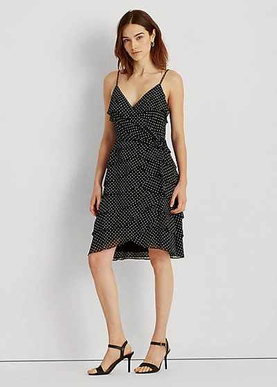 Lauren Ralph Lauren Polka-dot Georgette Cocktail Dress In Black/cream