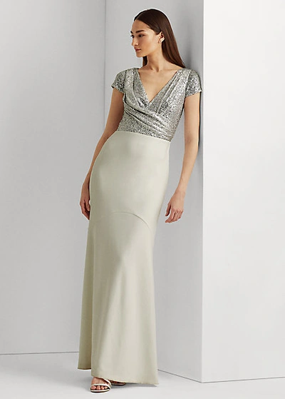 Lauren Ralph Lauren Sequined-bodice Surplice Gown In Lauren White/silver