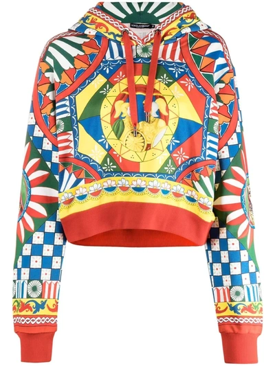 Dolce & Gabbana Cropped Jersey Hoodie With Carretto Print In Multicolor