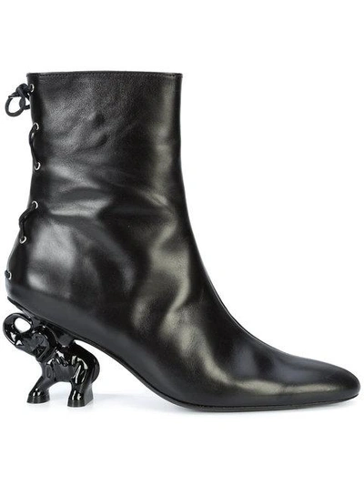 Dorateymur Tribal Elephant Heel Leather Ankle Boots In Black