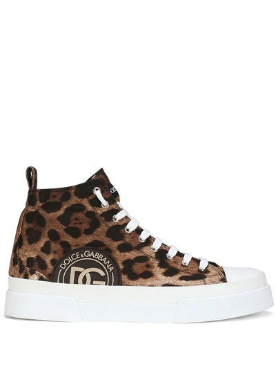 Dolce & Gabbana Cotton Drill Portofino Light Mid-top Sneakers With Leopard Print In Brown