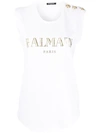 Balmain Buttoned Shoulders Sleeveless Logo Top In White