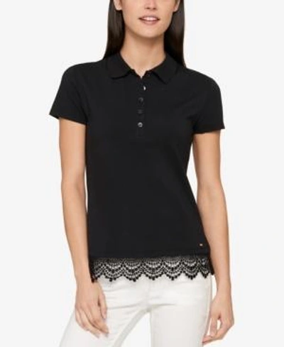 Tommy Hilfiger Lace-trim Polo Top, Created For Macy's In Black