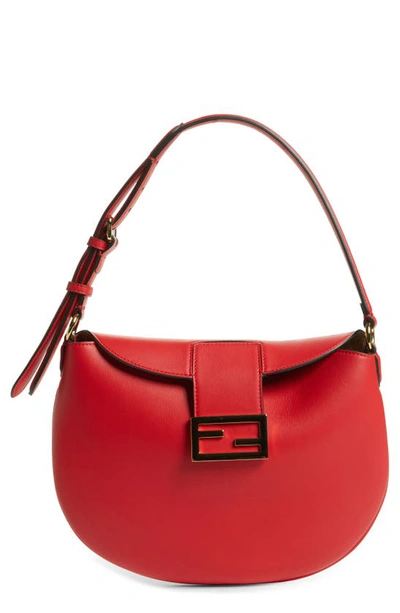 Fendi Small Croissant Leather Hobo In Rosso Cardinale