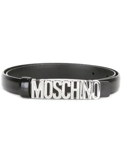 Moschino Slim Logo Plaque Belt In Black