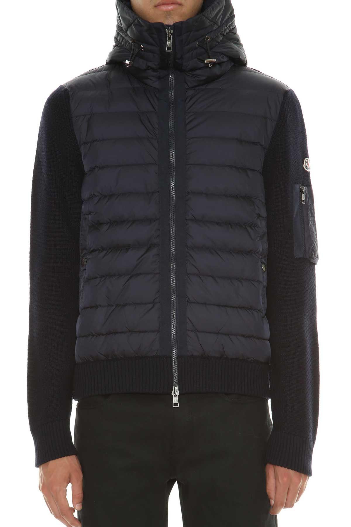 Moncler Knitted Wool Cardigan With Padded Front In Blu | ModeSens