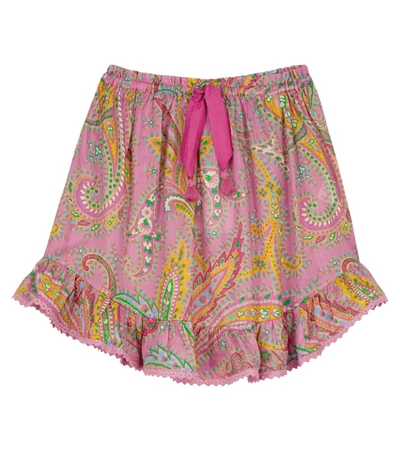 Zimmermann Kids' Teddy Paisley Ruffle Cotton Skirt In Розовый