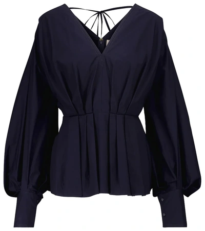 Roksanda Colette Pleated Cotton-poplin Peplum Blouse In Navy