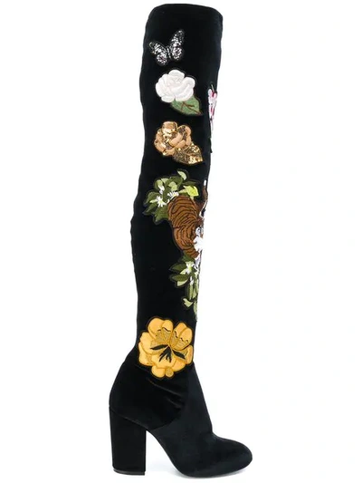 Strategia Embroidered Appliqués Knee High Boots In Nero