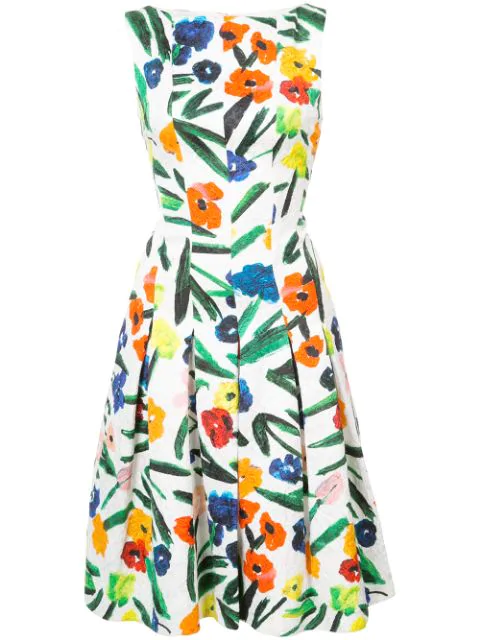 Oscar De La Renta Pleated Floral Knee-length Dress In Ivory | ModeSens