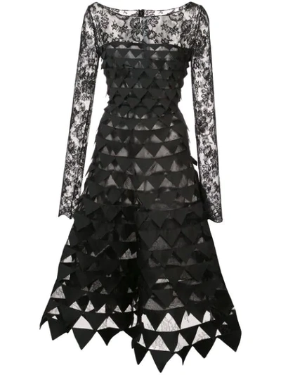 Oscar De La Renta Long-sleeve Floral-lace Geometric-cutouts Illusion Cocktail Dress In Black