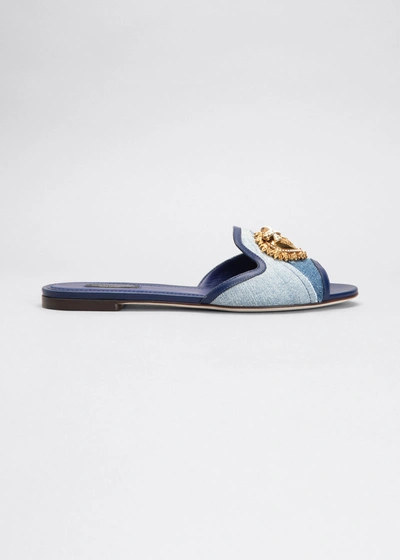 Dolce & Gabbana Devotion Denim Crest Flat Slide Sandals