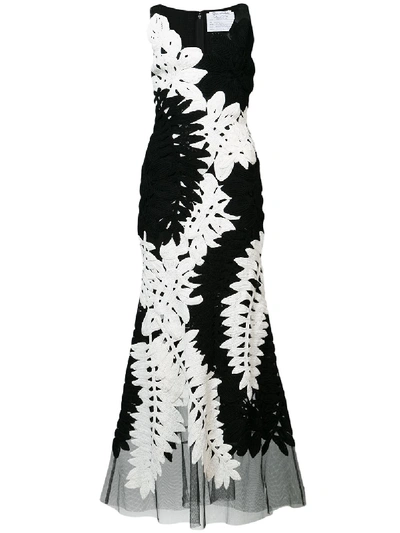 Oscar De La Renta Embroidered Tulle Midi Dress In Blk-wht