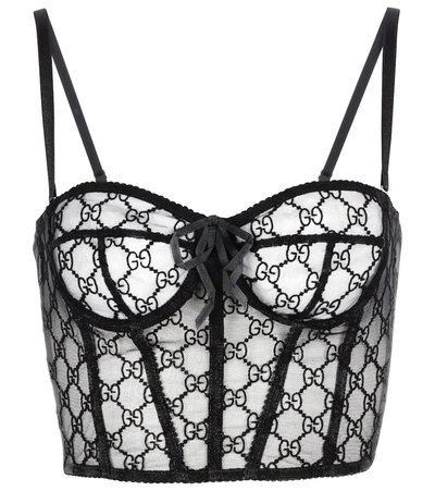 Gucci Women's GG Logo Sheer-Lace Lingerie Set in Black