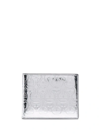 Ferragamo Gancini Metallic Leather Wallet In Silver