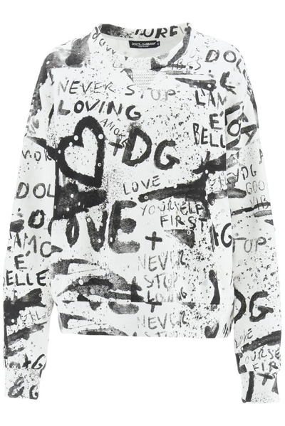 Dolce & Gabbana Dg Graffiti Sweatshirt With Studs And Pearls In White,black