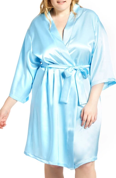 Icollection Plus Size Marina Lux Satin Robe Lingerie In Light-blue