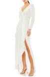 Ieena For Mac Duggal Long Sleeve Wrap Hi-low Sequin Gown In White