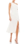 Mac Duggal Foldover Ruched One-shoulder Chiffon Midi Dress In White